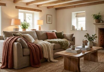 Warm living room with earthy tones and soft textiles