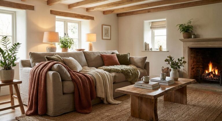 Warm living room with earthy tones and soft textiles