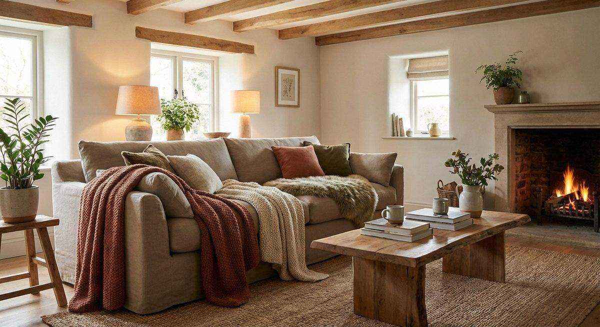 Warm living room with earthy tones and soft textiles