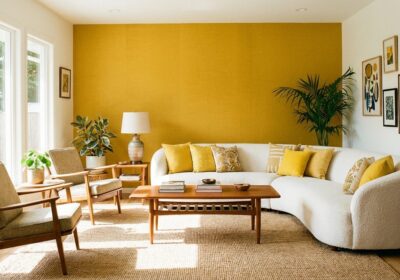 Yellow living room with bright and cheerful decor