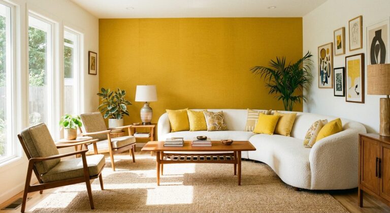 Yellow living room with bright and cheerful decor