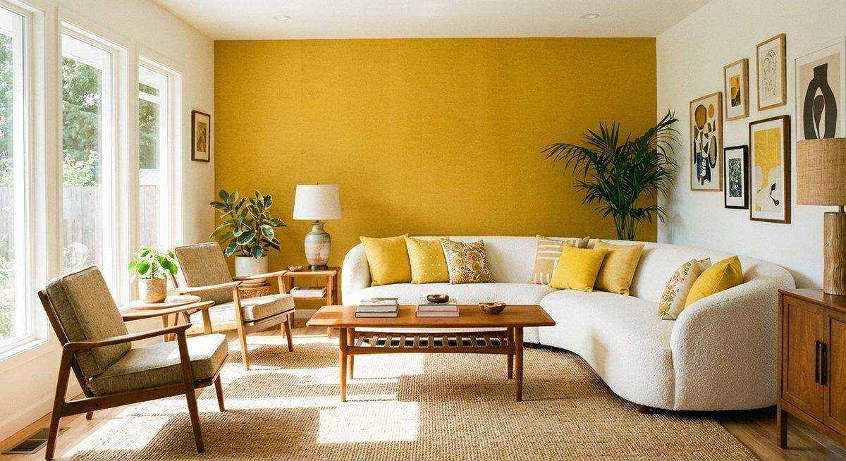 Yellow living room with bright and cheerful decor